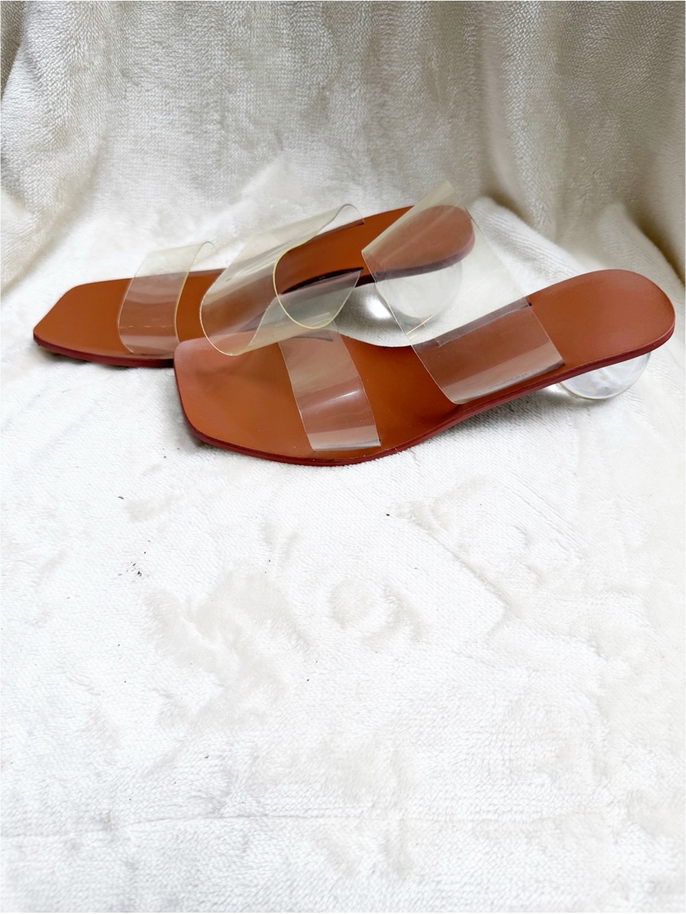 Clear Strap Brown Slide Sandals with Lucite Heel